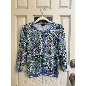 Talbots Cardigan Sweater Blue Floral Print Crew Neck Button‎ Up Knit Size XS
